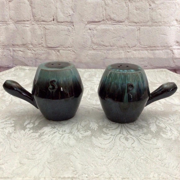 Vintage Ceramic Blue and Brown Drip Glaze Handled Salt and Pepper Shaker Set - Picture 1 of 7